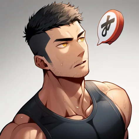 1 sports boy, male focus, Black tight vest, muscular male, muscular, only, Upper body, alone, look to the side, dialog box, short hair, stubble, Sweat, black hair, yellow eyes, open lips, White background, simple background, amazing quality, best aesthetic...