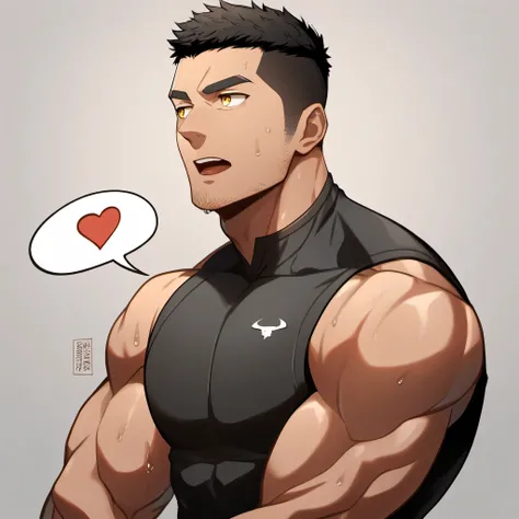 1 sports boy, male focus, Black tight vest, muscular male, muscular, only, Upper body, alone, look to the side, dialog box, short hair, stubble, Sweat, black hair, yellow eyes, open lips, White background, simple background, amazing quality, best aesthetic...