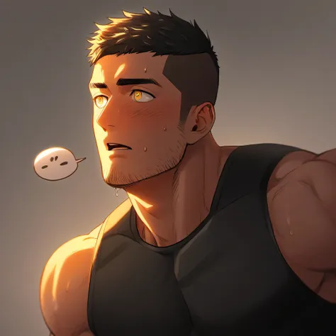 1 sports boy, male focus, black tight vest, muscular male, muscular, only, upper body, alone, look to the side, dialog box, shor...