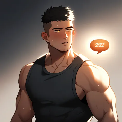 1 sports boy, male focus, black tight vest, muscular male, muscular, only, upper body, alone, look to the side, dialog box, shor...