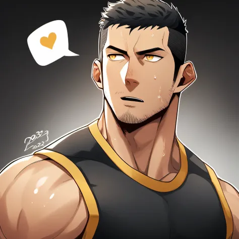 1 sports boy, male focus, black tight vest, muscular male, muscular, only, upper body, alone, look to the side, dialog box, shor...