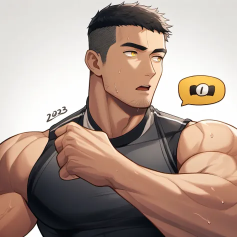 1 sports boy, male focus, black tight vest, muscular male, muscular, only, upper body, alone, look to the side, dialog box, shor...