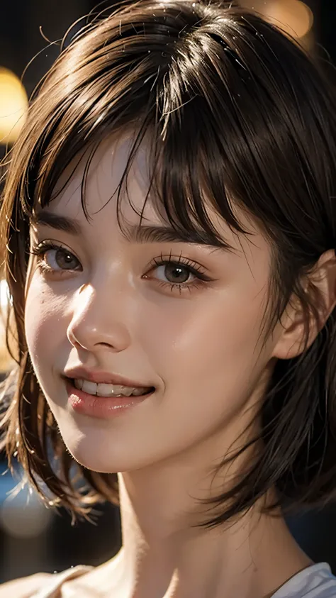 cute 22 year old,1 girl,slim face european cityscape,night,city lights, ((face close up:1.5)),((A smile showing white teeth)),((Bangs cut)),((very short brown hair)),close, 8k, RAW photo, highest quality, masterpiece,realistic, photo-realistic,