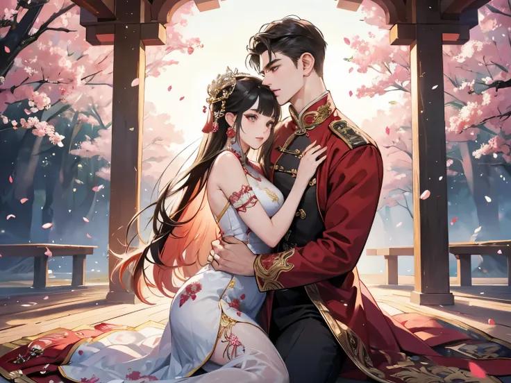 man and woman lover hugging in a chinese wedding clothing in a flower park, in the style of artgerm, soft, romantic scenes, dao ...