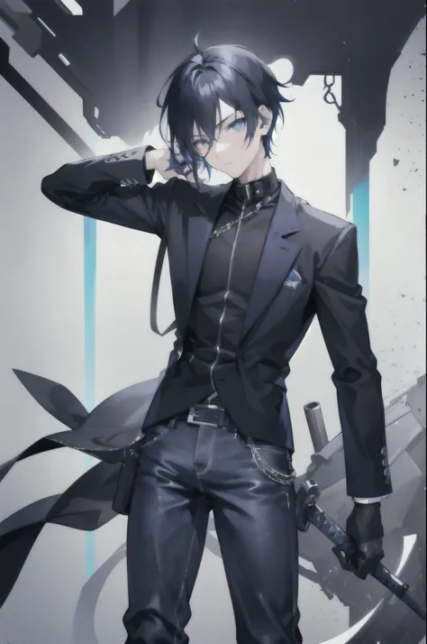 A 16-year-old boy, with blue colored eyes and, a black jacket on with dark grey jeans and, holding pistols in both hands, a sword on his back, his hair is black in color, make it in Anime style,  MAKE IT LOOK LIKE A BOOK POSTER. 