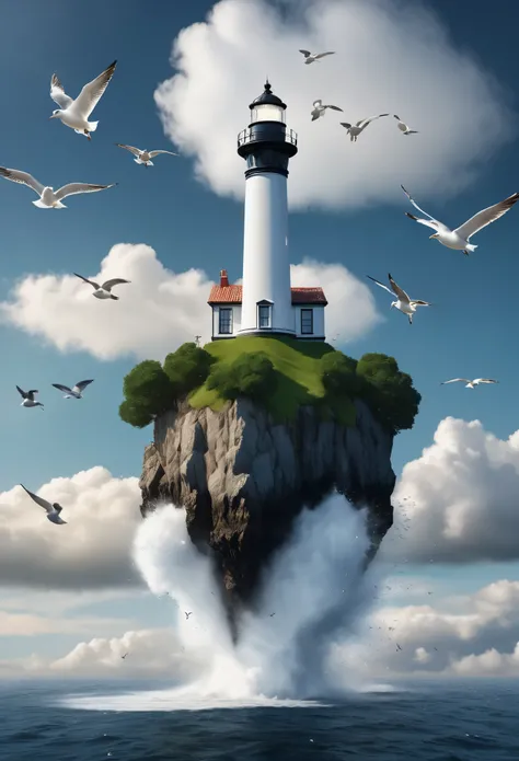 (8k RAW photo,best quality, masterpiece:1.2), (realistic, photo-realistic:1.37), a lighthouse on a floating island like a Magritte painting, floating in the air, clouds and sky, seagulls flying, 