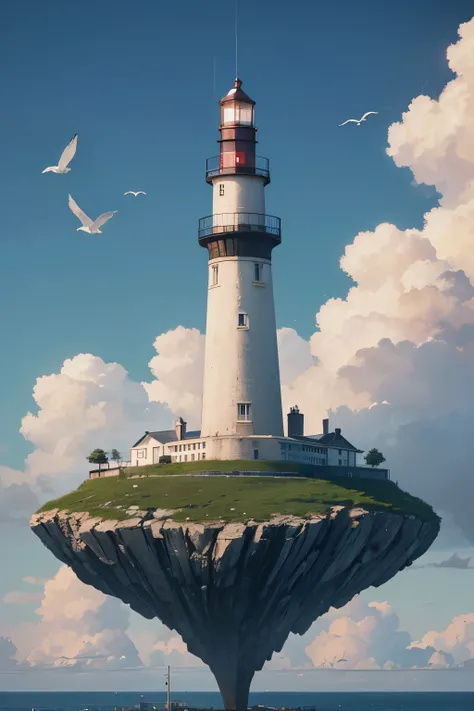 (8k RAW photo,best quality, masterpiece:1.2), (realistic, photo-realistic:1.37), a lighthouse on a floating island like a Magritte painting, floating in the air, clouds and sky, seagulls flying, 