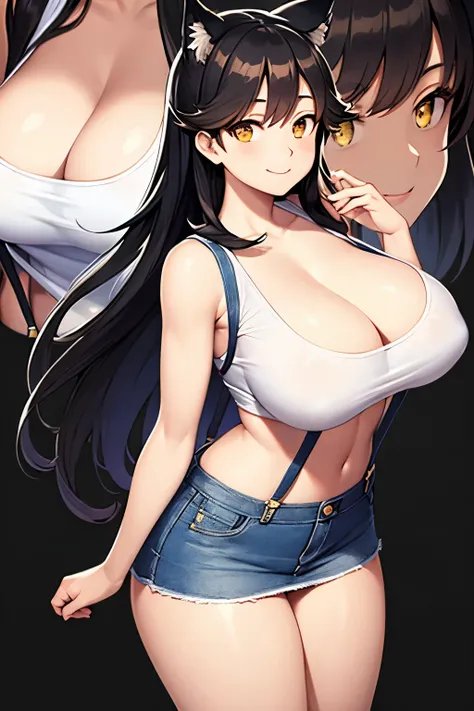 ((best quality)), ((masterpiece)), (detailed), perfect face, atago, black hair, long hair, yellow eyes, animal ears, giant breasts, black background, white tank top, clean jean skirt, cowboy shot, smile, perfect anatomy, body facing forward, black suspende...