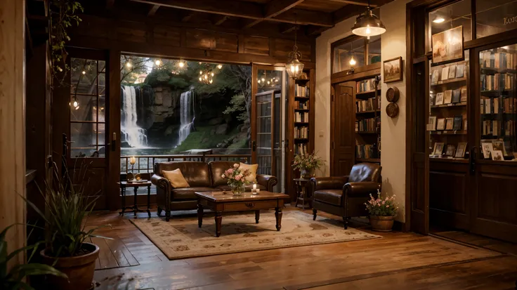 (house lobby) outside bakery shop, dawn, a view of spring, waterfalls outside, cozy place, books place, warm beautiful scene, cozy atmospheric, cozy environment, cozy setting, cozy enchanted scene, very realistic, cozy atmosphere, cozy and peaceful atmosph...