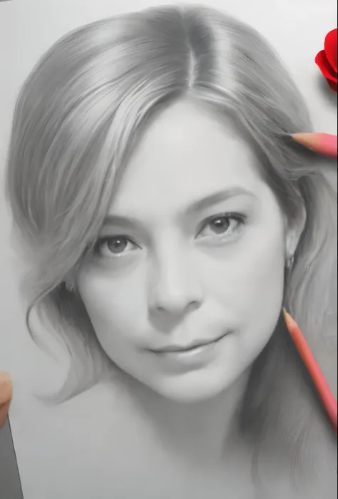 black ink, black tones, rafed drawing of a woman with a rose in her hair, photorealistic drawing, hyperrealistic sketch, photo realistic portrait, photorealistic portrait, portrait of ultra realistic, ultra realistic portrait, realistic portrait, realistic...