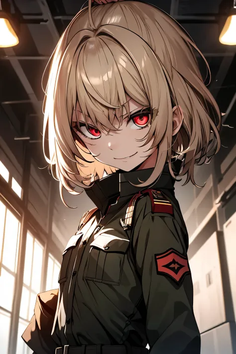 (masterpiece, highest quality: 1.1), 1 girl alone, listen, 1 girl, alone, , flat chest, small breasts, winding, army, army uniform, ,, evil smile, evil expression, anger, red eyes, Neutral lighting