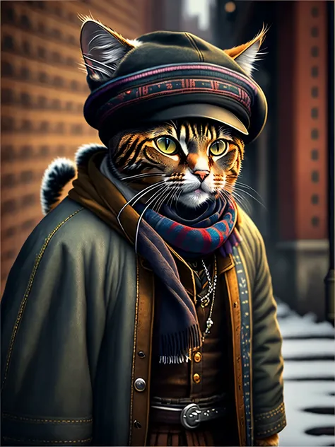 Photo of a cat in a hat and scarf, Art Station Trend, wearing punk clothes, Ultra-realistic rendering of details, british gangster, urban style, threatening posture, cat planet, fashion clothing, city samurai, Meow, West Slavic characteristics, 8 1 5