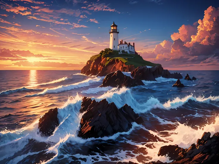 (highest quality, High resolution, real), lighthouse landscape painting, seaside, rock, waves crashing, sunset, Golden rays, painted sky, Bright colors, calm atmosphere, Please draw a beautiful landscape of the cape with the lighthouse.。