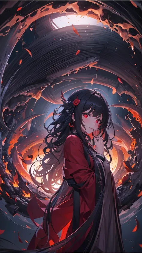 (perfect anatomy, masterpiece:1.2, best quality, 8k, beautiful detailed grow, daydreaming expression), pov focus breasts, (a curly black hair long hair cute girl, 14 yo, cute red eyes, evil smile), in a black robe, in the darkness, abyss time.