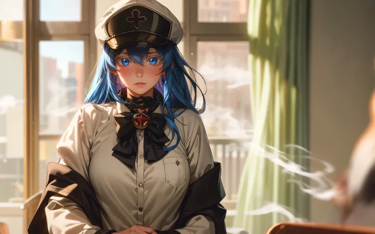 Esdeath, breasts, long hair, blue hair, blue eyes, hat, solo, very long hair, peaked cap,1girl, solo, cardigan, bow, smile, shirt, brown_hair, bowtie, white_shirt, school_uniform, brown_eyes, upper_body, looking_at_viewer, bangs, indoors, closed_mouth, col...