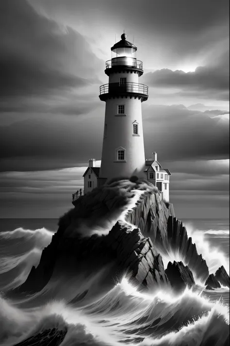 (masterpiece),(best quality),night，A lighthouse stands by the rough sea，lighthouse emits light, Coast，