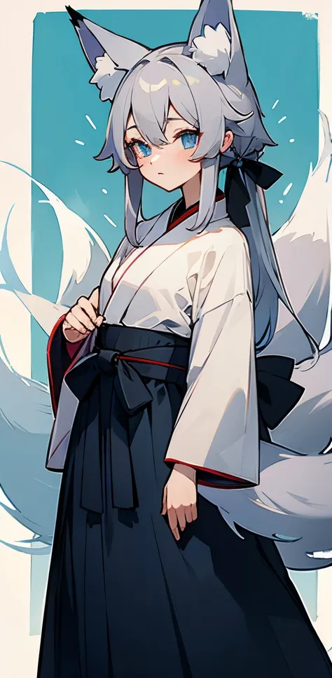 gray hair、blue eyes、Hakama、fox ears、fox tail