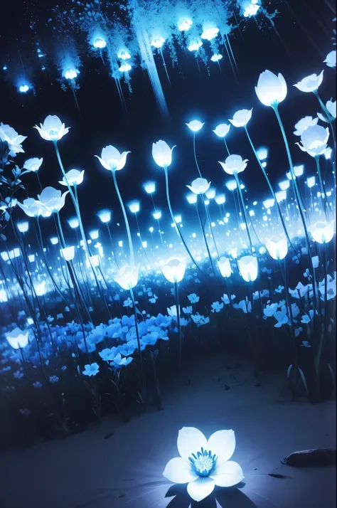 there are many white flowers in the dark with a black background, glowing flowers, luminous flowers, beautiful blue lights, glowing blue, bioluminescent plants, night sky full of flowers, by Bruce Munro, blues. beautiful, ethereal blue lighting, blue light...