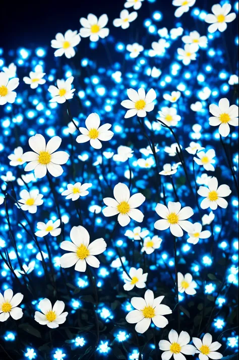 there are many white flowers in the dark with a black background, glowing flowers, luminous flowers, beautiful blue lights, glowing blue, bioluminescent plants, night sky full of flowers, by Bruce Munro, blues. beautiful, ethereal blue lighting, blue light...