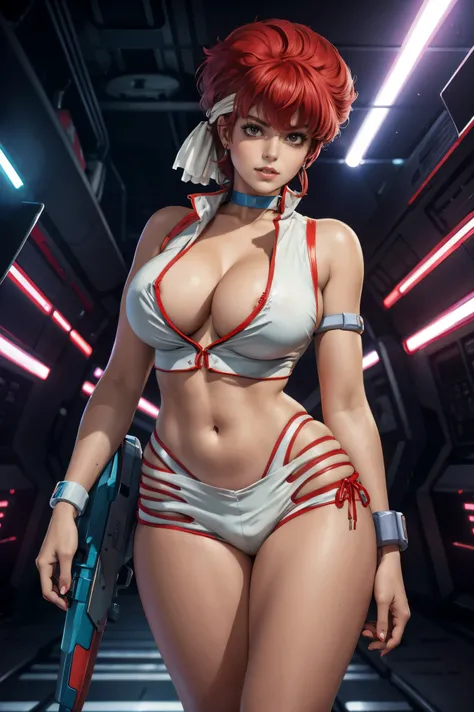 Kei from The Dirty Pair wearing a skimpy white outfit, cleavage, red hair beauty, cyberpunk city background, holding retro space-gun, green headband, slim waist, thigh gap