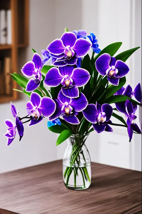 purple and blue flowers in a vase on a table, orchids, blue and purple, purple and blue, blue purple aqua colors, purple and blue neons, orchid, purple and blue colored, blue and violet, some purple and blue, blue and purple plants, gorgeous colors, incred...