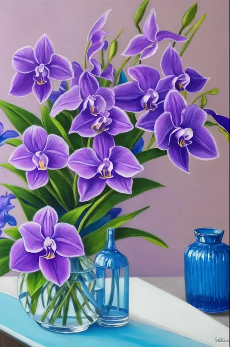 purple and blue flowers in a vase on a table, a pastel by Sam Dillemans, flickr, fine art, orchids, blue and purple, purple and blue, blue purple aqua colors, purple and blue neons, orchid, purple and blue colored, blue and violet, some purple and blue, bl...