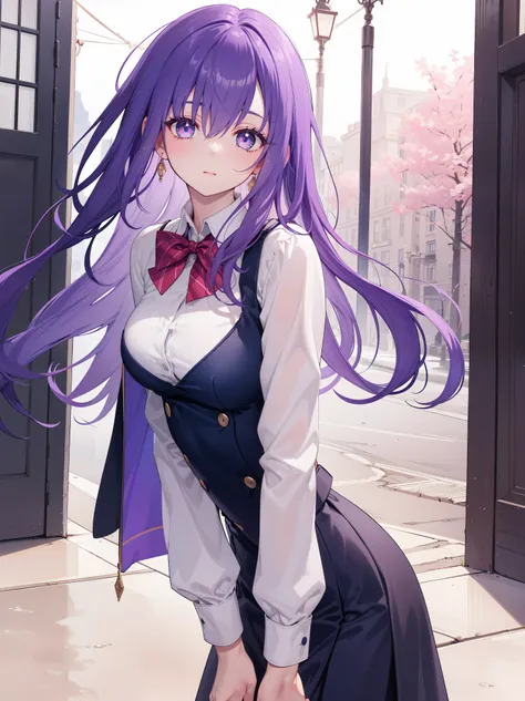 Parvati, Parvati, long hair, (purple eyes:1.1), purple hair,
rest shirt, long sleeves, skirt, bow, bowtie, red bow, red bowtie,
rest looking at viewer,Permanent installation, Lean over, Put your arms behind your back,
rest outdoors,
rest (masterpiece:1.2),...