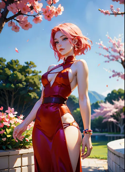 anime girl with pink hair and a red dress posing for a picture, sakura haruno, from naruto, sakura petals around her, sakimi chan, extremely detailed artgerm, seductive anime girl, (anime girl), sakura, ”beautiful anime woman, beautiful anime girl, clean d...