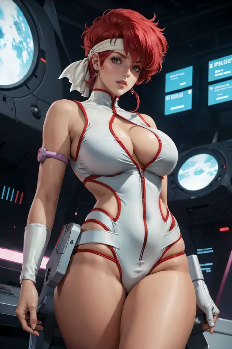 Kei from The Dirty Pair wearing a tight white outfit, medium breast, red hair beauty, cyberpunk city background, holding retro space-gun, green headband, slim waist, slim thighs, skinny thighs, thigh gap