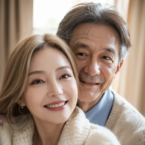 ((realistic lighting, highest quality, 8k, masterpiece: 1.3))age difference couple, two shot, Man in his 60s, 50 generation women, cheeks and cheeks, The background is a room, woman with slender figure, realistic teeth, double eyelid, smile, spring clothes...