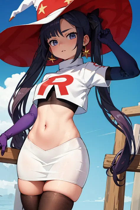 ((masterpiece,best quality)), team rocket,team rocket uniform, red letter R, white skirt,white crop top,black thigh-highs,black elbow gloves zettai ryouiki, aamona, long hair, twintails, hair ornament, black ribbon, earrings, witch hat, purple headwear, co...