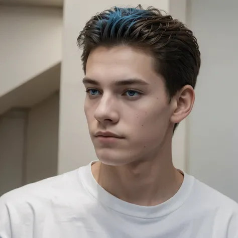 A 16-year-old boy, tall, 1m78 tall with a lean but not imposing build. Il possèderait une touffe blanche avec des yeux verons (bleu a droite, blanc a gauche) and a slight scar on the lip