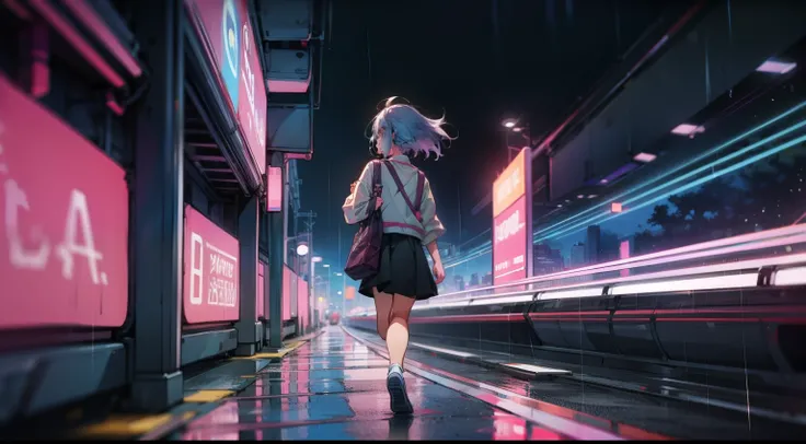 Anime girl walking on the street in the rain at night,, 1980s anime art style, anime girl running, 《ramona flowers》, space girl, Anime style 4K, 80s anime art style, Praise Artstyle, Official fan art, Animation style illustrations are more refined 
