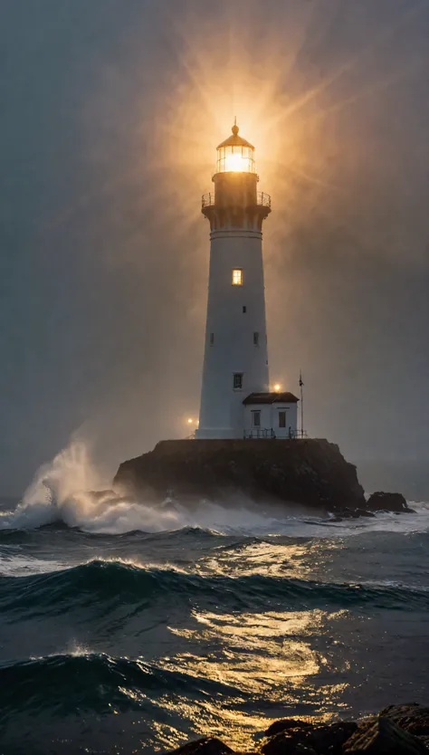 wide shot photo of a lighthouse shining a dark night, raw, ((dark night):1.3), ((sea mist):1.1), ((tyndall effect):1.5), ((light...