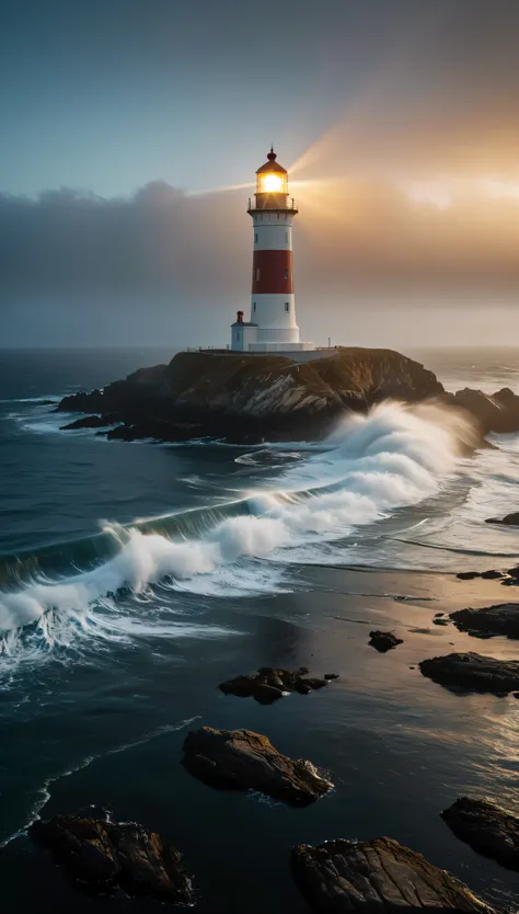 wide shot photo of a lighthouse shining a dark night, raw, ((dark night):1.3), ((sea mist):1.1), ((tyndall effect):1.5), ((light...