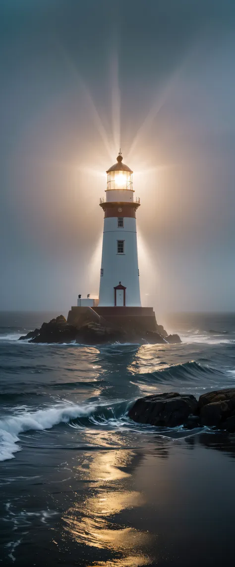 wide shot photo of a lighthouse shining a dark night, raw, ((dark night):1.3), ((sea mist):1.1), ((tyndall effect):1.5), ((light...