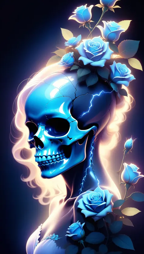 [[[artist by mucha]]]，on a dark background, blue electric charges form a stylized silhouette of a electric skull bodys and rose ...