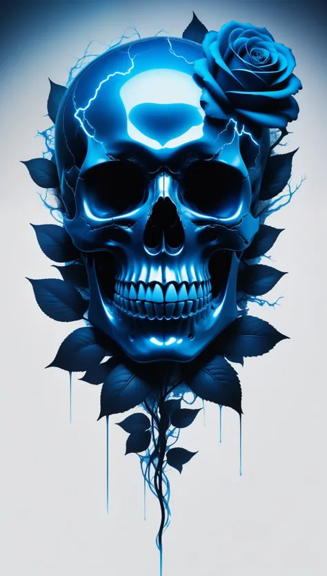 art by by Gjon Mili,On a dark background, blue electric charges form a stylized silhouette of a electric skull and rose , bioluminescence