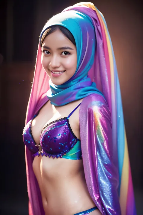 smiling, front, cute, rainbow, glamour, 1 javanese girl , modern plain hijab, shy, medium portrait shot , wet , glowing particles, wear rainbow lingerie,  light bokeh background,