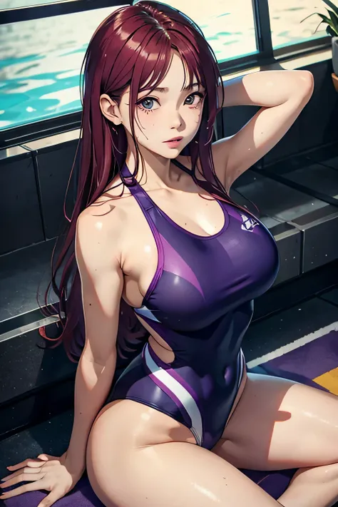 sit down and spread your legs、Emphasis on the crotch, actual、Super high chroma、8k、Long red hair(((30 year old woman)))、((((She is wearing a purple competition swimsuit。))))、competitive swimmer、big breasts、Thick thighs、Pay attention to muscle development。競泳...