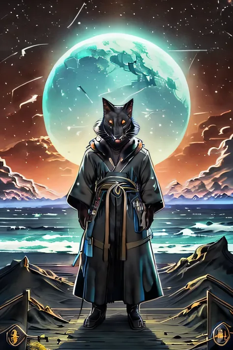 black furred fox man wearing robes in a crucifix pose in front of a sea of stars