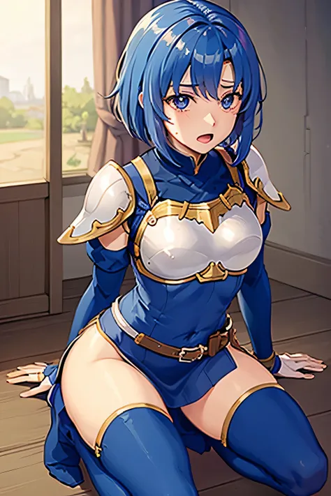 catria_nm, cute, Blue Hair, Short Hair, blue eyes, kawaii, Thin Waist, Small, Toned, middle breasts, bare shoulders, red neckerchief, blue elbow gloves, blue fingerless gloves, shoulder armor, belt, breastplate, white headband, short dress, Slit in dress, ...