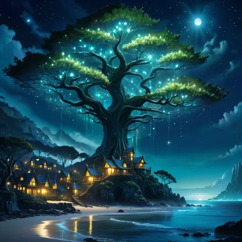 On a the shore of a fantasy world, an Elven tree city is near the coast, and on the coast is an immense tree with glowing nodules acting as a (light house), it is night, light tree is shining bright