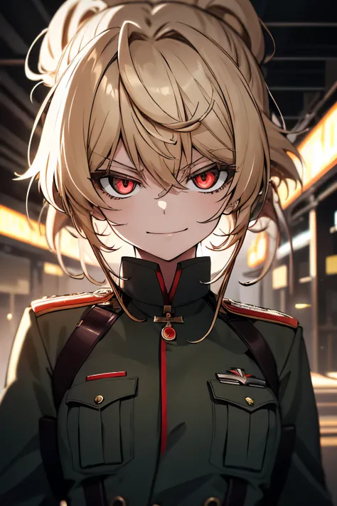 (masterpiece, best quality: 1.1), 1girl solo, tanya, 1girl, solo, , flat chest, small breasts, curvy, military, military uniform, ,, evil smile, wicked expression, anger, red eyes, neutral lighting