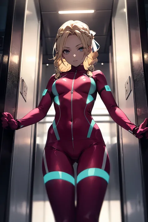 A girl with blonde braids tied with a ribbon, wearing a pink and white compression suit, riding an elevator, viewed from below, lamps lit, looking at the viewer,