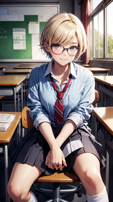 ((Inside the school,inside the classroom)),desk,chair,one 18-aged girl, blonde short hair colored mixed blue hair, sitting on the chair, spreading her legs,wearing glasses,grin, smile,natural-make-up,high school uniform,blouse, skirts, ((socks,sneakers))