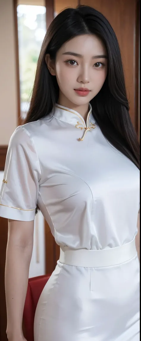 Super realistic close-up photos of Kim Ji-soo from South Korea, masterpiece, best quality, (lifelike:1.4), whole body, Luxurious white satin cheongsam shirt, White mid-length pencil skirt, Chinese garden, sunny, movie lighting, beautiful woman, skinny, Big...