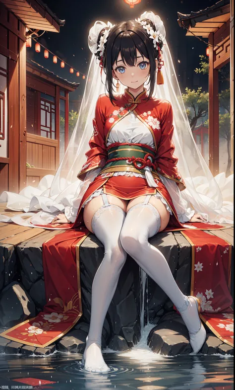 top quality，best resolution，(Soaked的白色长旗袍），super detailed, She has a white twin tail，20 years old young girl，Gorgeous的雕纹，Design intricate clothes，light eyes，she has earrings, wealth，Gorgeous， imagine，Elegant and charming，Slightly curvy figure，((White trans...