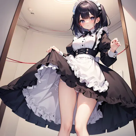 (1 solo skinny childish maid standing in dark bedroom:1.3), (large breasts), (inconceivably narrow waist), skinny long legs, highheels, frilled maid dress, (curtsey:2.0), (lift skirt up by own both hands:1.5), (show off white string panty:1.5), (show off c...