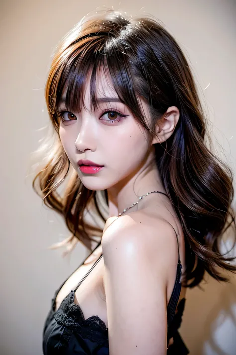 Canon RF85mm f/1.2,masterpiece,best quality,ultra highres,vc,1 girl,(korean mixed,kpop idol:1.2),solo,white_shiny_skin,black eyes,necklace,((brown_short_wavy_hair)),((pink_shiny_lips)),eyelashes,bangs,aface,make-up,shiny,Pore,skin texture,bracelet,offshoul...